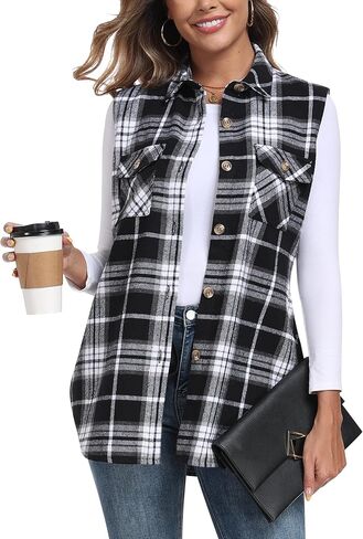 Mofiz Womens Long Flannel Plaid Vest Fall Winter Button Downlyless Shirt Shirt Cardigan Coard مع جيوب in Saudi Arabia