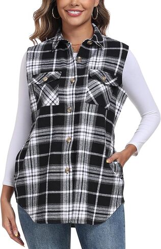 Mofiz Womens Long Flannel Plaid Vest Fall Winter Button Downlyless Shirt Shirt Cardigan Coard مع جيوب in Saudi Arabia