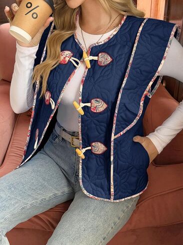 Tankaneo Womens Puffer Stest Fest Shulkless Florals Pathwork Ceanted Stest Wooden Toggle معاطف جيليت مبطنة in Saudi Arabia