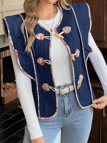 Tankaneo Womens Puffer Stest Fest Shulkless Florals Pathwork Ceanted Stest Wooden Toggle معاطف جيليت مبطنة in Saudi Arabia