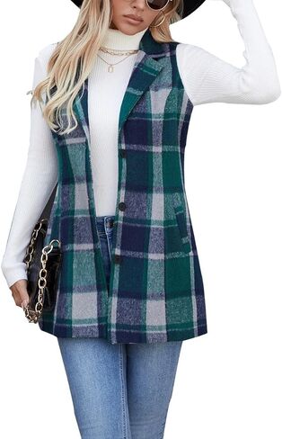 سترة نسائية من Olrain منقوشة بدون أكمام من الفلانيل ورقبة على شكل طية صدر وزر للأسفل سترة طويلة معطف خارجي مع جيوب لخريف وشتاء in Kuwait