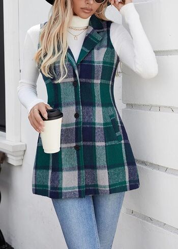 سترة نسائية من Olrain منقوشة بدون أكمام من الفلانيل ورقبة على شكل طية صدر وزر للأسفل سترة طويلة معطف خارجي مع جيوب لخريف وشتاء in Kuwait