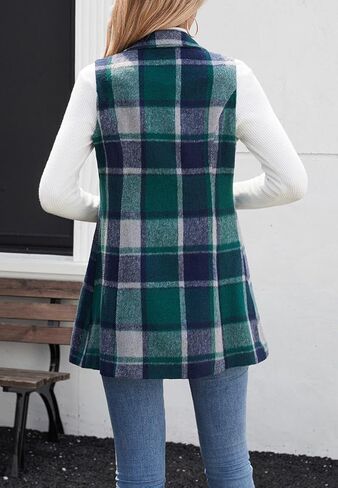 سترة نسائية من Olrain منقوشة بدون أكمام من الفلانيل ورقبة على شكل طية صدر وزر للأسفل سترة طويلة معطف خارجي مع جيوب لخريف وشتاء in Kuwait