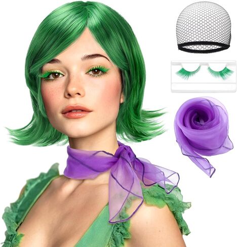 Green Disgust Wig with Eyelashes Scarf Short Disgust Wig Costume for Women Halloween Cosplay (Green) in Saudi Arabia