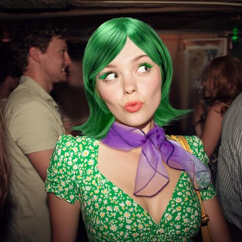 Green Disgust Wig with Eyelashes Scarf Short Disgust Wig Costume for Women Halloween Cosplay (Green) in Saudi Arabia