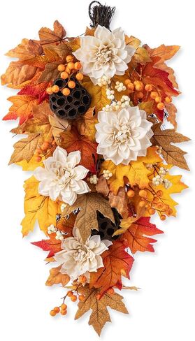 غنيمة سقوط Glitzhome ، باب عيد الشكر 28 بوصة معلقة مع Dahlia Lotus Pods & Berries ، كل جدار راتان في جميع الأحوال الجوية للشرفة in Kuwait