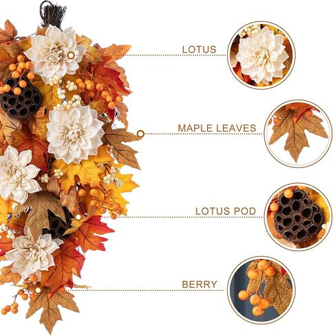غنيمة سقوط Glitzhome ، باب عيد الشكر 28 بوصة معلقة مع Dahlia Lotus Pods & Berries ، كل جدار راتان في جميع الأحوال الجوية للشرفة in Kuwait