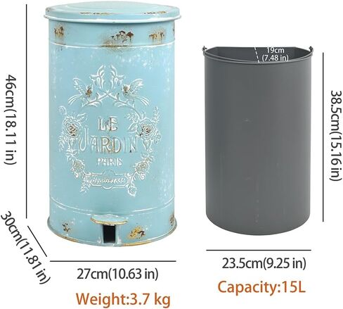سلة مهملات المطبخ Z&Z الزينة الرجعية مع غطاء ودواسة علب قمامة مستديرة بدون لمس مع أنماط الزهور والطيور سلة المهملات الخارجية للمطبخ والحديقة الخضراء in Kuwait