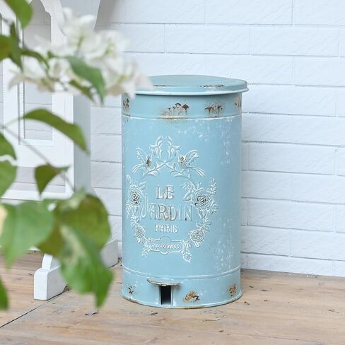 سلة مهملات المطبخ Z&Z الزينة الرجعية مع غطاء ودواسة علب قمامة مستديرة بدون لمس مع أنماط الزهور والطيور سلة المهملات الخارجية للمطبخ والحديقة الخضراء in Kuwait