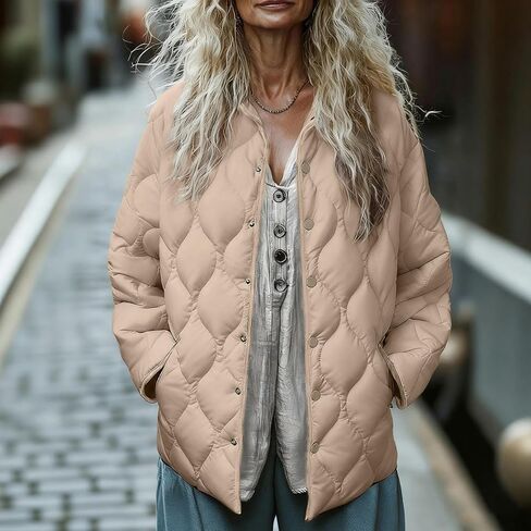 Puffer Jacket Womens Zip Up Quilted Jackets Lightweight Long Sleeve Stand Neck Warm Coat Outerwear with Pockets in Saudi Arabia