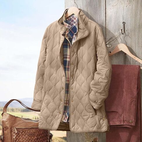 Puffer Jacket Womens Zip Up Quilted Jackets Lightweight Long Sleeve Stand Neck Warm Coat Outerwear with Pockets in Saudi Arabia