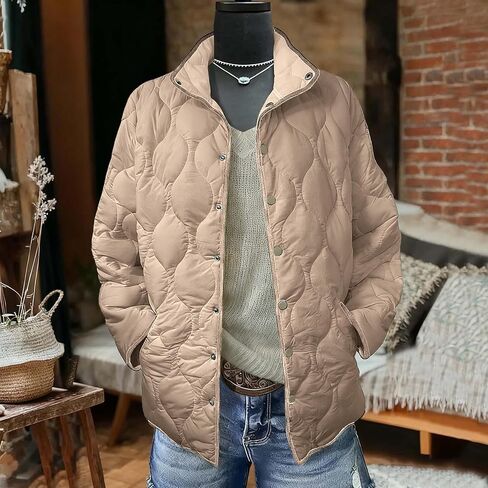 Puffer Jacket Womens Zip Up Quilted Jackets Lightweight Long Sleeve Stand Neck Warm Coat Outerwear with Pockets in Saudi Arabia
