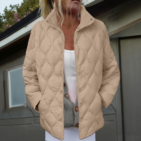 Puffer Jacket Womens Zip Up Quilted Jackets Lightweight Long Sleeve Stand Neck Warm Coat Outerwear with Pockets in Saudi Arabia