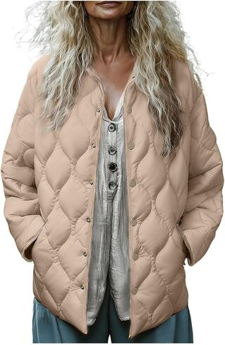 Puffer Jacket Womens Zip Up Quilted Jackets Lightweight Long Sleeve Stand Neck Warm Coat Outerwear with Pockets in Saudi Arabia