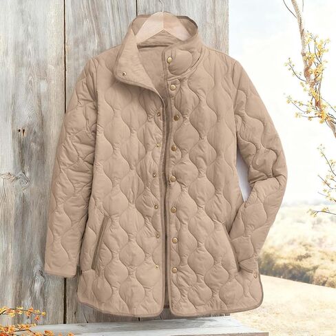 Puffer Jacket Womens Zip Up Quilted Jackets Lightweight Long Sleeve Stand Neck Warm Coat Outerwear with Pockets in Saudi Arabia