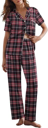 Ekouaer Womens Pajamas Set Plaid PJs Soft Button Down Sleepwear Short Sleeve Nightwear with Long Pants in Saudi Arabia
