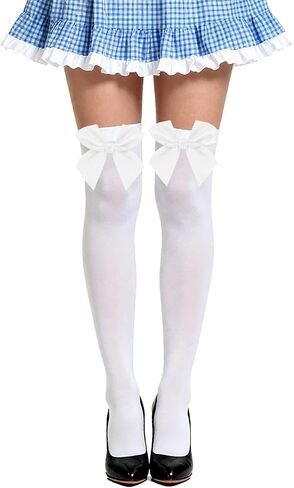 White Thigh High Stockings with Stain Bow Accent, White Knee High Socks Over Knee Long Stockings for Women in Kuwait
