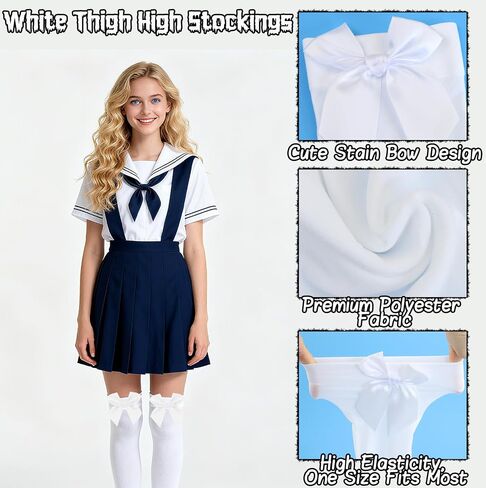 White Thigh High Stockings with Stain Bow Accent, White Knee High Socks Over Knee Long Stockings for Women in Kuwait