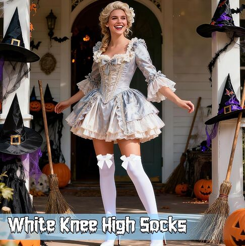 White Thigh High Stockings with Stain Bow Accent, White Knee High Socks Over Knee Long Stockings for Women in Kuwait