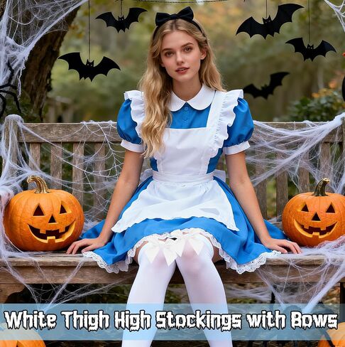 White Thigh High Stockings with Stain Bow Accent, White Knee High Socks Over Knee Long Stockings for Women in Kuwait