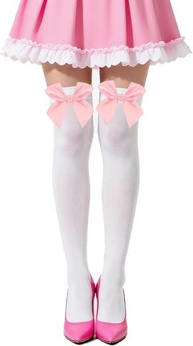 White Thigh High Stockings with Stain Bow Accent, White Knee High Socks Over Knee Long Stockings for Women in Kuwait