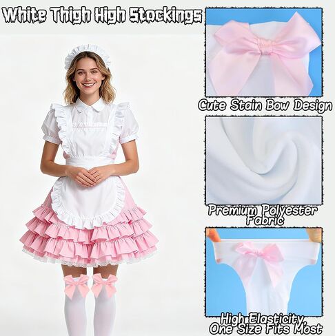 White Thigh High Stockings with Stain Bow Accent, White Knee High Socks Over Knee Long Stockings for Women in Kuwait