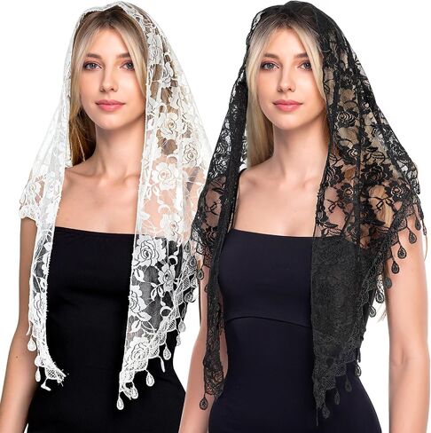 2Pcs Black Lace Veil for Women, Mass Veil Triangle Mantilla Veils for Cathedral Head Covering Chapel Veils Latin Scarf Latin Mass Head Covering in Saudi Arabia