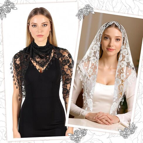 2Pcs Black Lace Veil for Women, Mass Veil Triangle Mantilla Veils for Cathedral Head Covering Chapel Veils Latin Scarf Latin Mass Head Covering in Saudi Arabia
