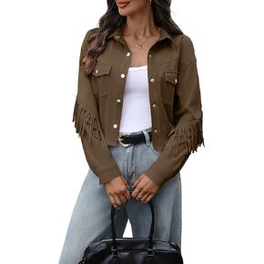 Women's Fringe Faux Suede Jacket Cropped Collar Drop Shoulder Long Sleeve Snap Button Jackets with Flap Pockets in Kuwait