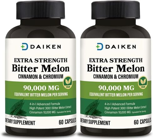 DAIKEN Bitter Melon, Cinnamon & Chromium, 90,000 mg Equivalent Per Serving Extra Strength, 100% Vegetarian Bitter Melon Capsules with Cinnamon Chromium & Zinc, 60 Capsules in Saudi Arabia