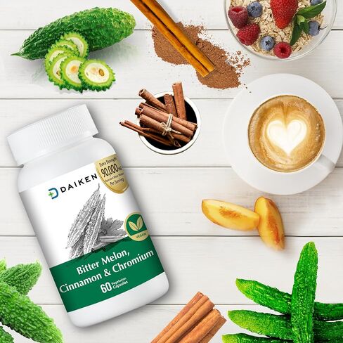 DAIKEN Bitter Melon, Cinnamon & Chromium, 90,000 mg Equivalent Per Serving Extra Strength, 100% Vegetarian Bitter Melon Capsules with Cinnamon Chromium & Zinc, 60 Capsules in Saudi Arabia
