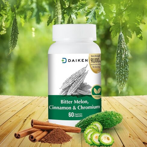 DAIKEN Bitter Melon, Cinnamon & Chromium, 90,000 mg Equivalent Per Serving Extra Strength, 100% Vegetarian Bitter Melon Capsules with Cinnamon Chromium & Zinc, 60 Capsules in Saudi Arabia