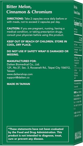 DAIKEN Bitter Melon, Cinnamon & Chromium, 90,000 mg Equivalent Per Serving Extra Strength, 100% Vegetarian Bitter Melon Capsules with Cinnamon Chromium & Zinc, 60 Capsules in Saudi Arabia