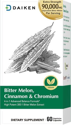 DAIKEN Bitter Melon, Cinnamon & Chromium, 90,000 mg Equivalent Per Serving Extra Strength, 100% Vegetarian Bitter Melon Capsules with Cinnamon Chromium & Zinc, 60 Capsules in Saudi Arabia