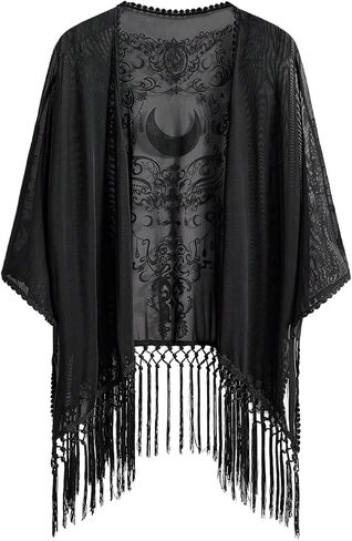 Goth Graphic Women Open Front Kimonos Boho Hippie Fringe Mesh 3/4 Sleeve Beach Cover Up Cardigan in Saudi Arabia
