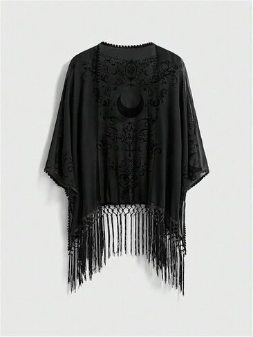 Goth Graphic Women Open Front Kimonos Boho Hippie Fringe Mesh 3/4 Sleeve Beach Cover Up Cardigan in Saudi Arabia