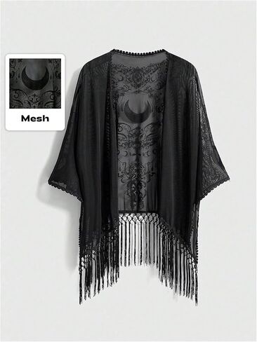 Goth Graphic Women Open Front Kimonos Boho Hippie Fringe Mesh 3/4 Sleeve Beach Cover Up Cardigan in Saudi Arabia