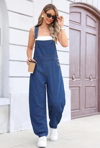 Women Oversized Adjustable Strap Denim Bib Overalls Jeans Pants Baggy Rompers Jumpsuits with Pockets in Kuwait