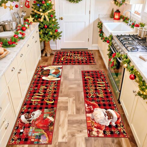 3 Pcs Christmas Kitchen Rugs and Mats Farmhouse Truck Red Buffalo Plaid Snowflakes Bathroom Carpets Winter Floor Mat for Xmas Home Christmas Kitchen Mats for Floor Bathroom Indoor (Red) in Saudi Arabia