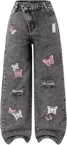 Gorglitter Girl's Wide Lead Jeans Print Butterfly Y2K Denim Bants Streetwear in Kuwait