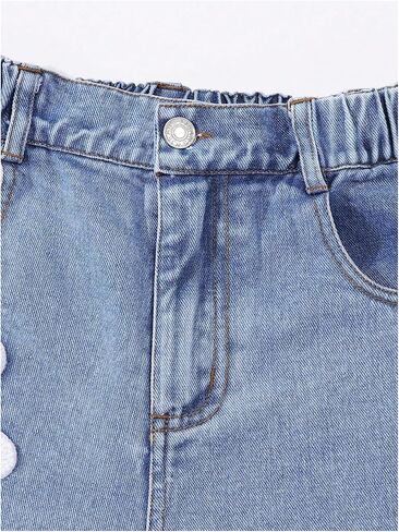 Girl's Floral Baggy Jeans Cute Wide Leg Denim Pants Elastic Waist Denim Jeans with Pockets in Saudi Arabia