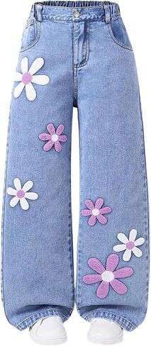 Girl's Floral Baggy Jeans Cute Wide Leg Denim Pants Elastic Waist Denim Jeans with Pockets in Saudi Arabia