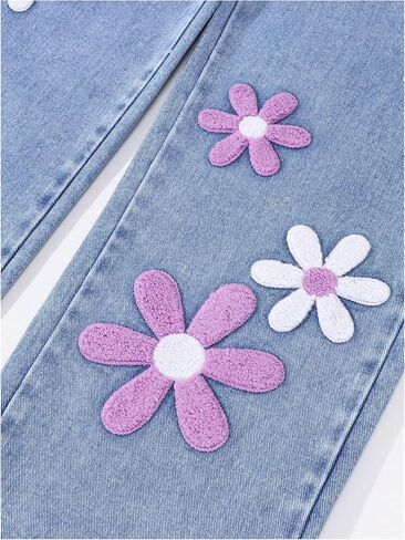 Girl's Floral Baggy Jeans Cute Wide Leg Denim Pants Elastic Waist Denim Jeans with Pockets in Saudi Arabia
