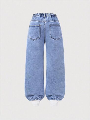 Girl's Floral Baggy Jeans Cute Wide Leg Denim Pants Elastic Waist Denim Jeans with Pockets in Saudi Arabia
