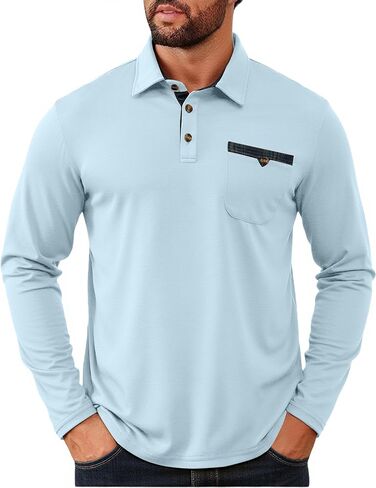 Mens Athletic Long Sleeve Polo Shirts Classic Lightweight Button Collared Stylish Tops with Pocket in Saudi Arabia