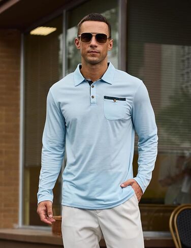 Mens Athletic Long Sleeve Polo Shirts Classic Lightweight Button Collared Stylish Tops with Pocket in Saudi Arabia