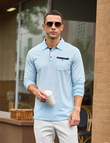 Mens Athletic Long Sleeve Polo Shirts Classic Lightweight Button Collared Stylish Tops with Pocket in Saudi Arabia