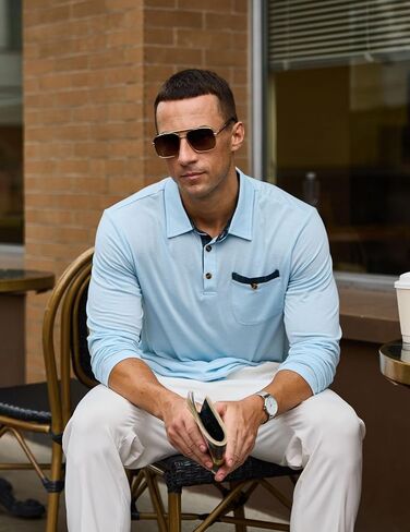 Mens Athletic Long Sleeve Polo Shirts Classic Lightweight Button Collared Stylish Tops with Pocket in Saudi Arabia