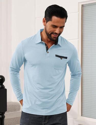 Mens Athletic Long Sleeve Polo Shirts Classic Lightweight Button Collared Stylish Tops with Pocket in Saudi Arabia