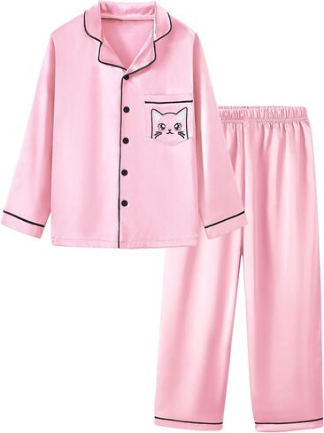 Mikrdoo Silk Pajamas for Girls Long Sleeve PJs for Kids Top and Pants 2 Piece Satin Slpeepwear Set 3-14 Years in Kuwait